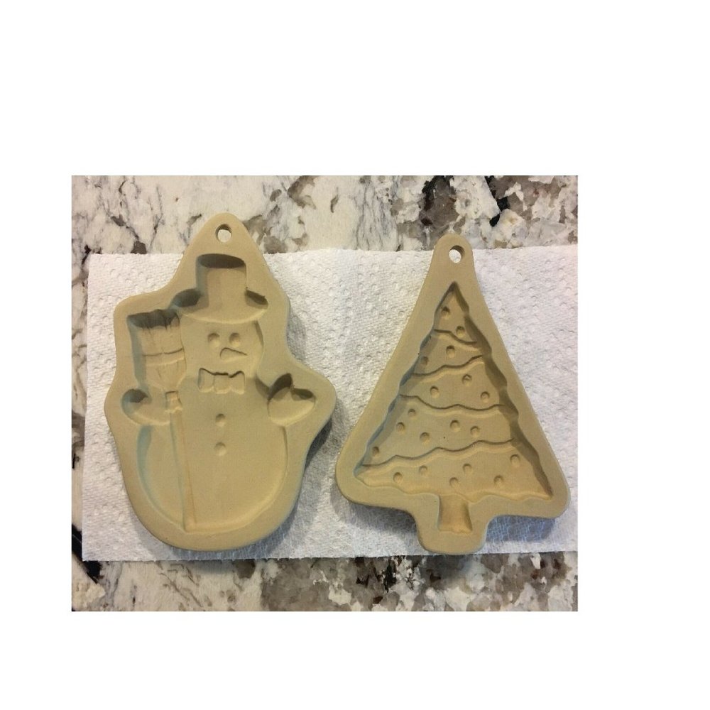 Set of 2 Vtg Sassafras 1994 Cookie Art Stoneware Mold Christmas Tree & Snowman